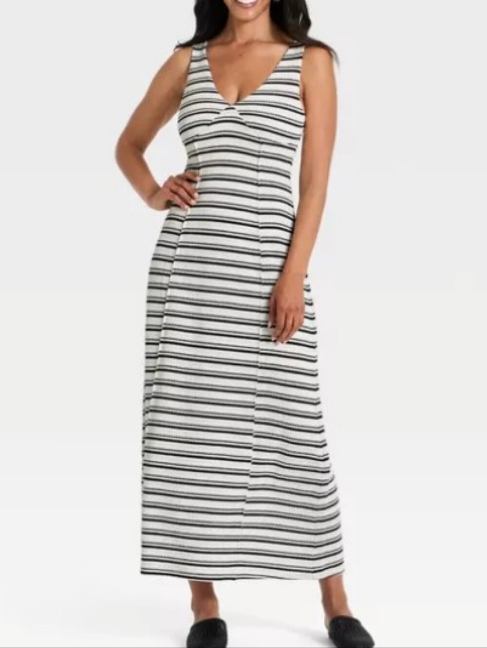 Women's Knit Maxi Dress -Universal Thread Cream Black Striped Crochet Like XL